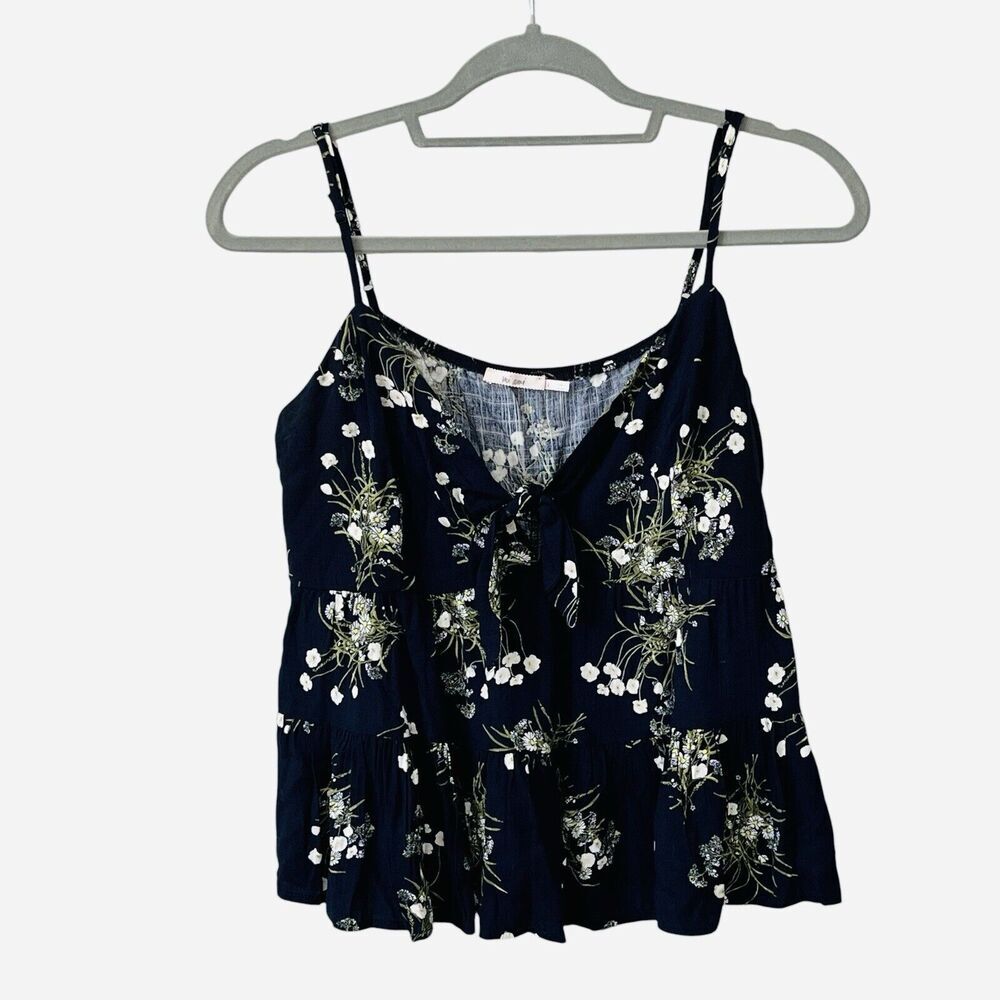 Mi Ami Women's Babydoll Tank Top Size L Boho Cottagecore Navy Floral Peasant